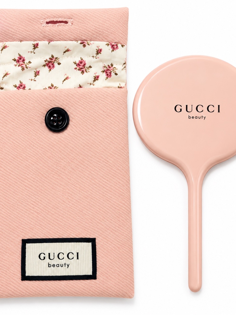 Gucci Pink Handheld Makeup Mirror with Floral Pouch